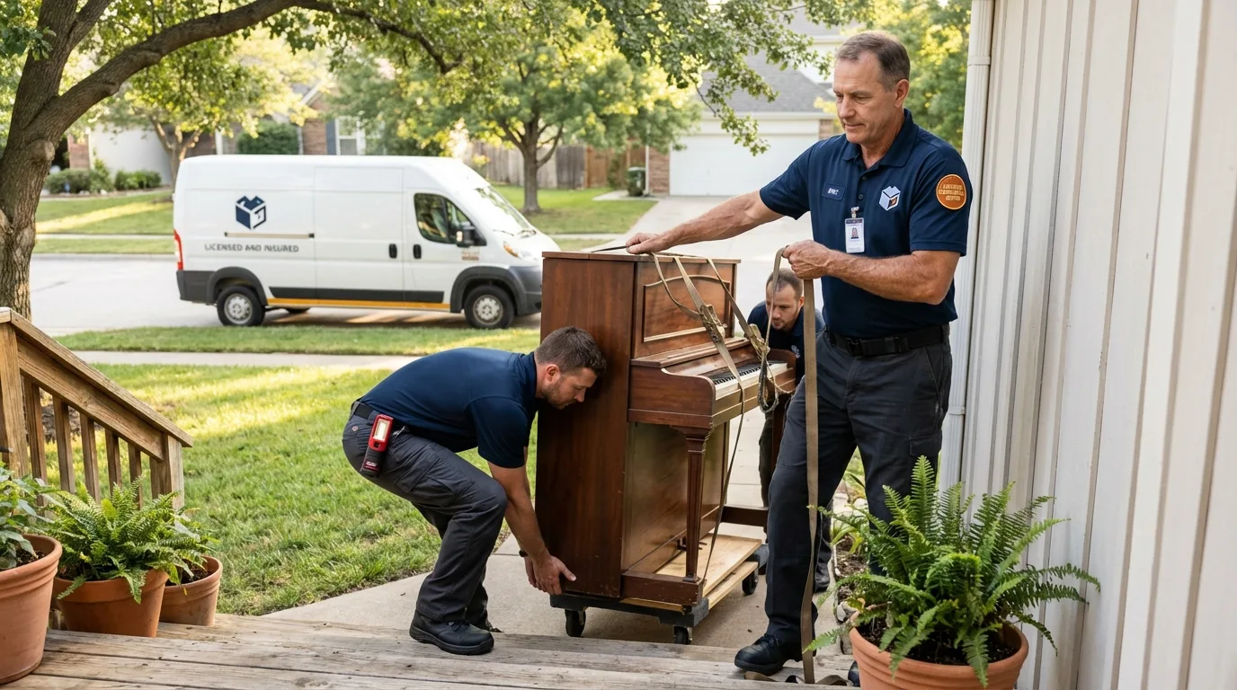 Licensed piano movers securing grand piano in Holdrege, NE