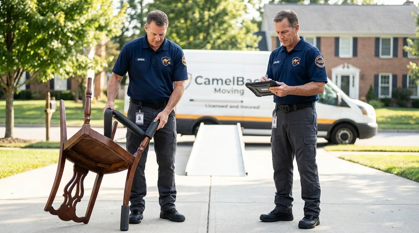 Movers inspecting furniture for damage prevention before loading in Holdrege, NE