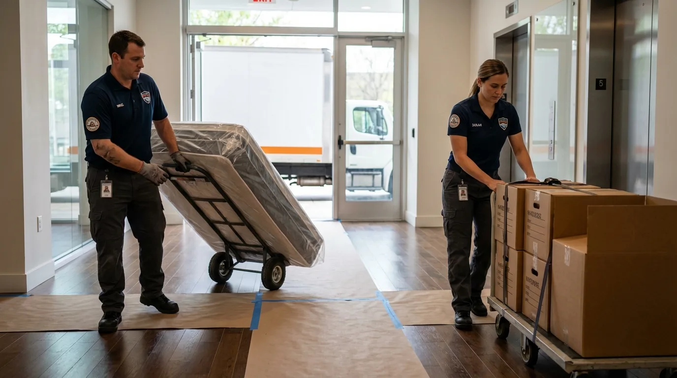 Professional apartment movers loading elevator in Holdrege, NE