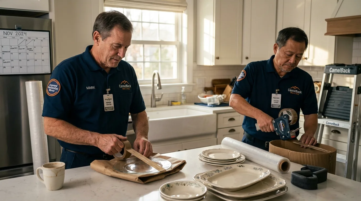 Professional crew packing kitchen dishware in Holdrege, NE